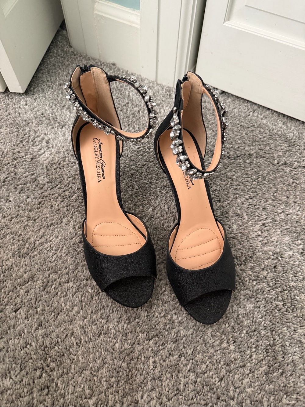 Badgley Mischka Black Crystal-Ankle Open-Toe Heels